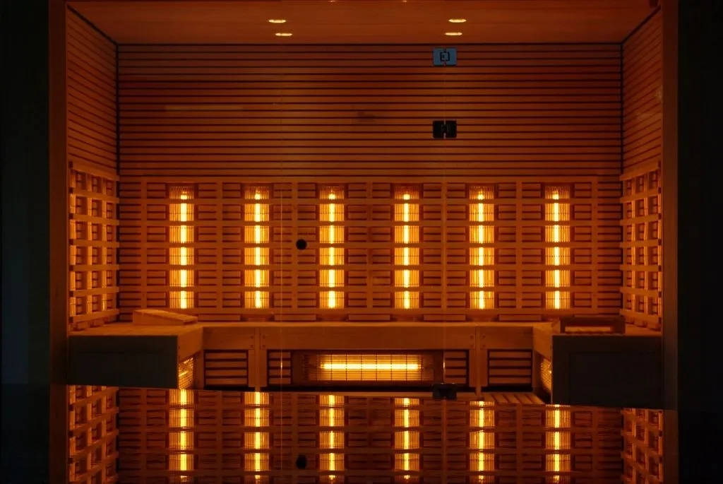 Infrared sauna glowing warmly